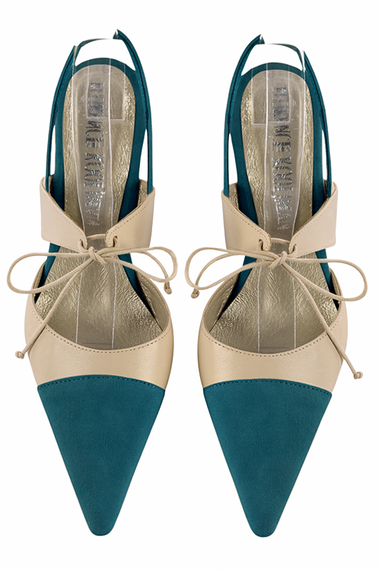 Peacock blue and champagne beige women's open back shoes, with an instep strap. Pointed toe. High slim heel. Top view - Florence KOOIJMAN
